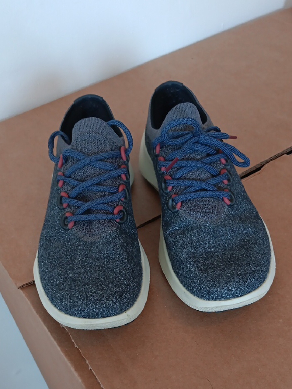 allbirds Heather Gray Knit Sneakers with Navy Laces and Coral Accents